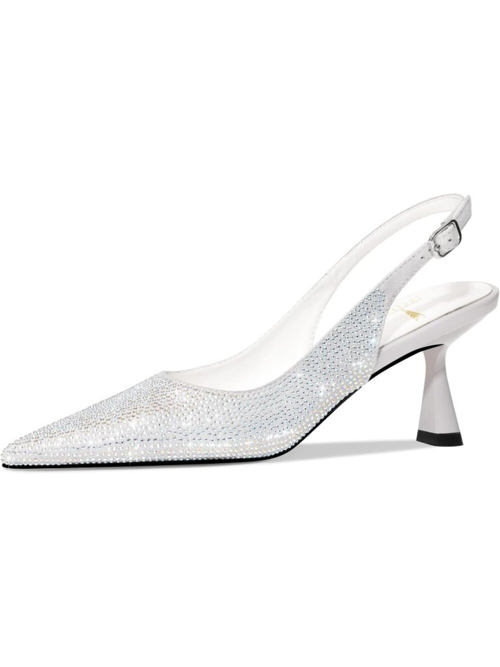 Women's White Kitten Heels Slingback Low Heel Dress Shoes Closed Toe Rhinestone